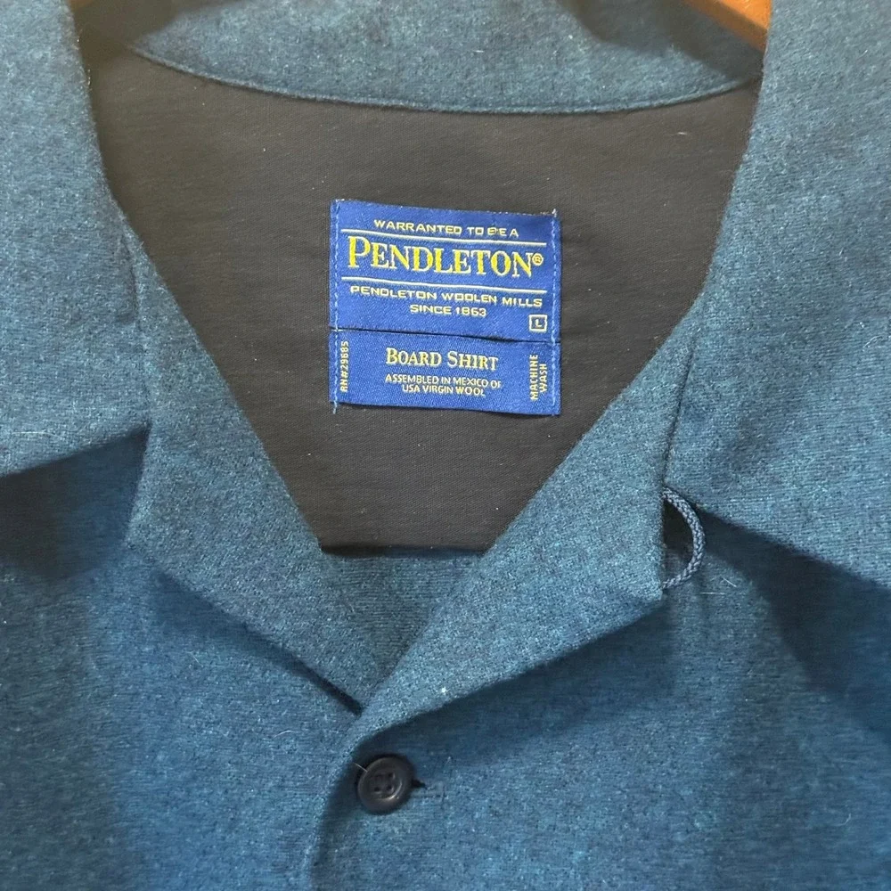 VNTG Pendleton Men L Blue Solid Wool Original Board Shirt Flannel Button Up Fall - Picture 4 of 14